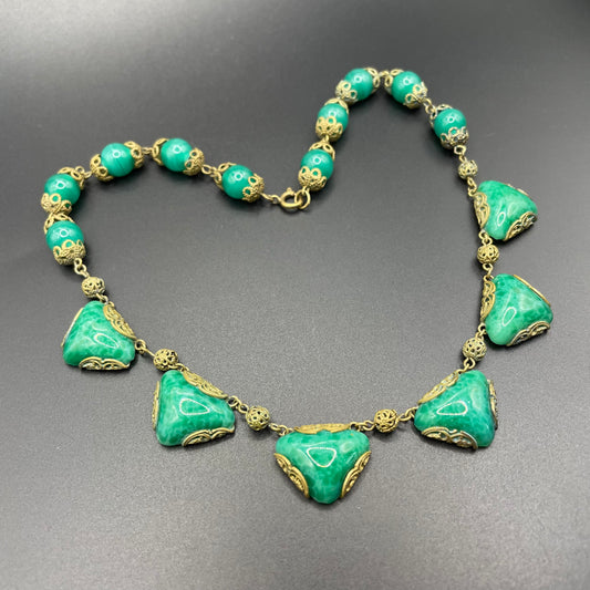 Vintage Art Deco Czech green Peking glass and gold tone filigree necklace, possibly Neiger Brothers (Max and Norbert)