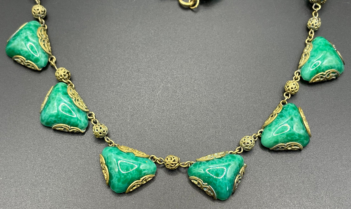 Vintage Art Deco Czech green Peking glass and gold tone filigree necklace, possibly Neiger Brothers (Max and Norbert)