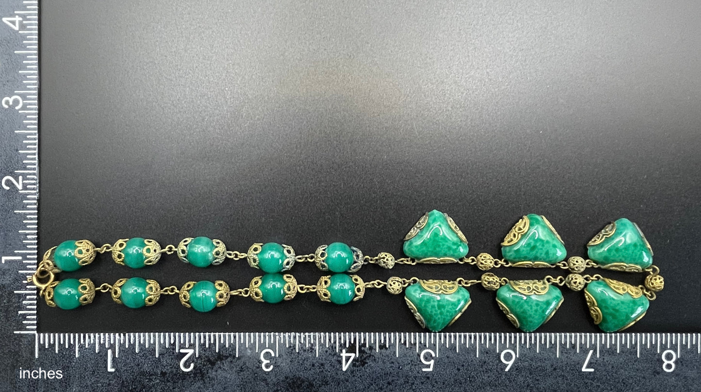 Vintage Art Deco Czech green Peking glass and gold tone filigree necklace, possibly Neiger Brothers (Max and Norbert)