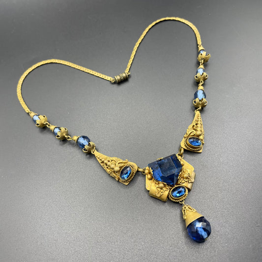 Vintage Neiger blue glass bead and rhinestone pendant style ornate Art Deco necklace in gold tone