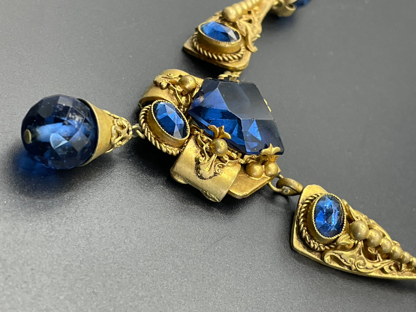 Vintage Neiger blue glass bead and rhinestone pendant style ornate Art Deco necklace in gold tone