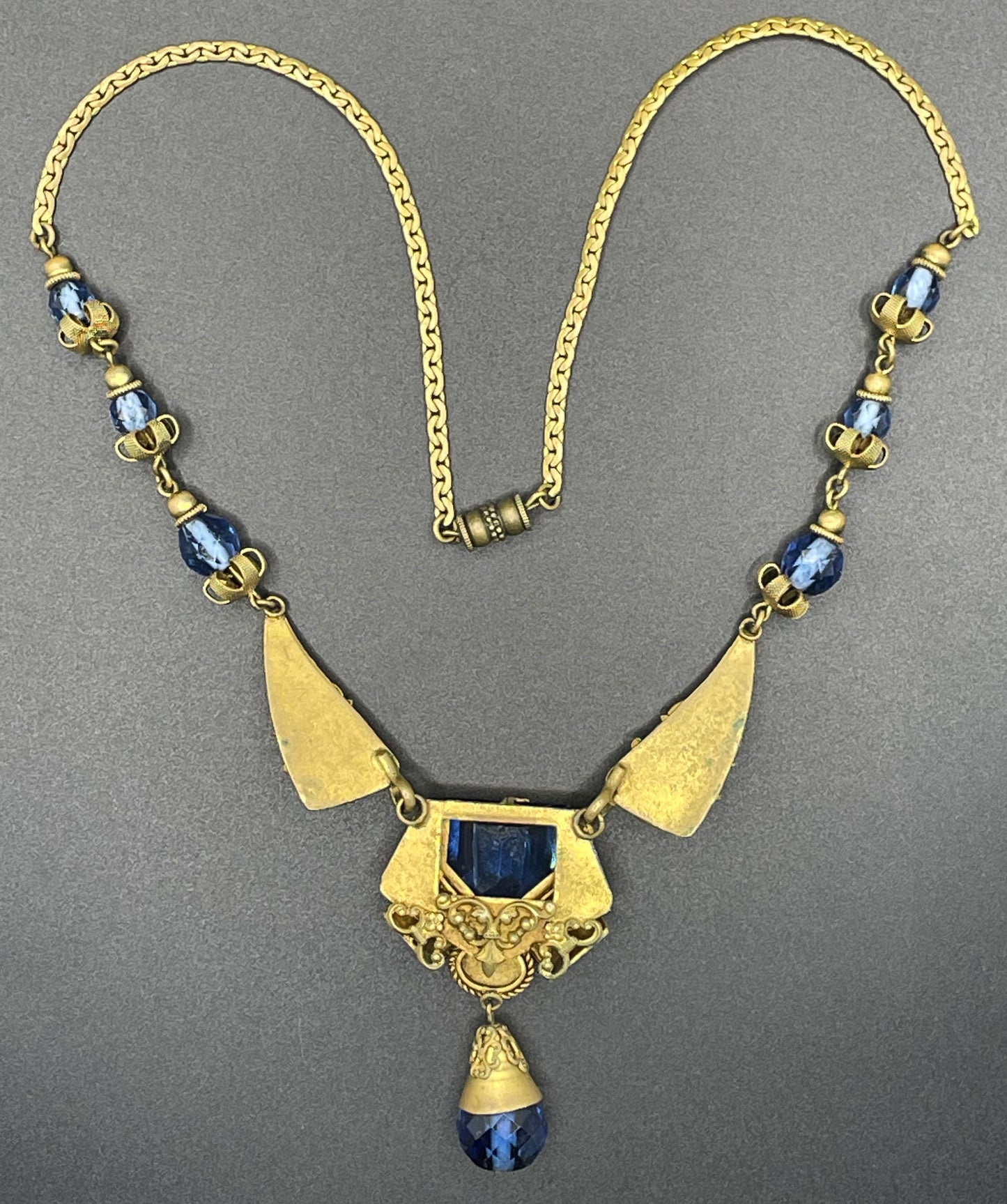 Vintage Neiger blue glass bead and rhinestone pendant style ornate Art Deco necklace in gold tone