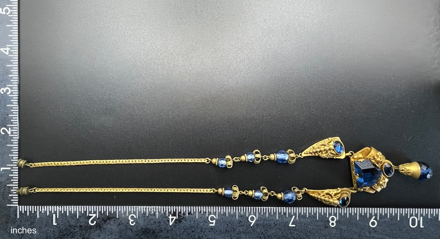 Vintage Neiger blue glass bead and rhinestone pendant style ornate Art Deco necklace in gold tone