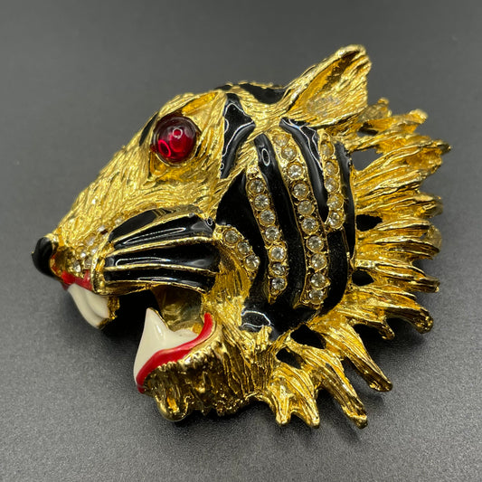 Huge vintage fierce tiger head brooch - red glass cabochon, rhinestone and enamel - in the style of Hattie Carnegie, Gucci, Butler & Wilson