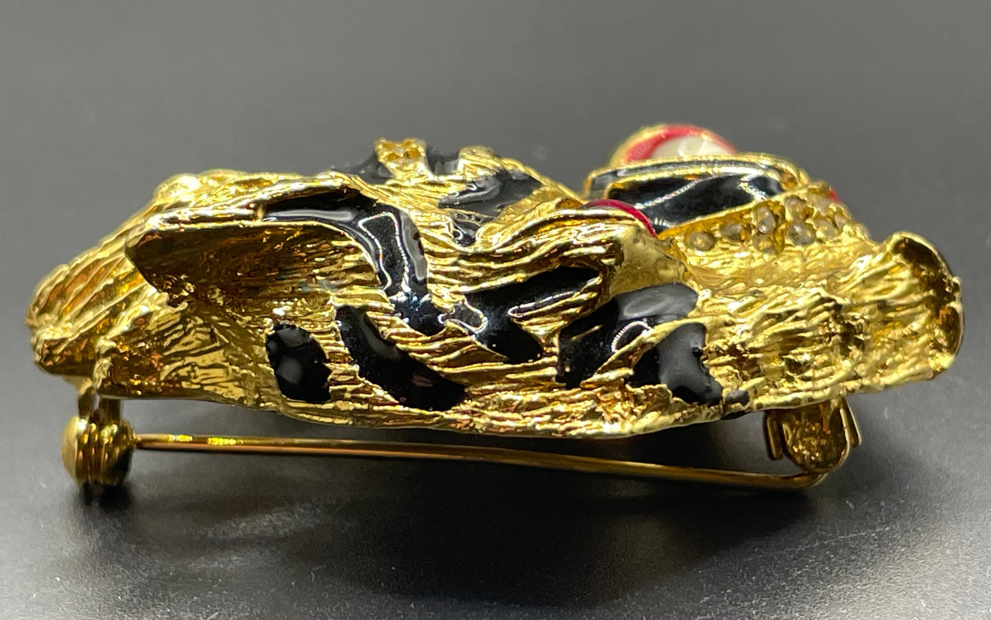 Huge vintage fierce tiger head brooch - red glass cabochon, rhinestone and enamel - in the style of Hattie Carnegie, Gucci, Butler & Wilson