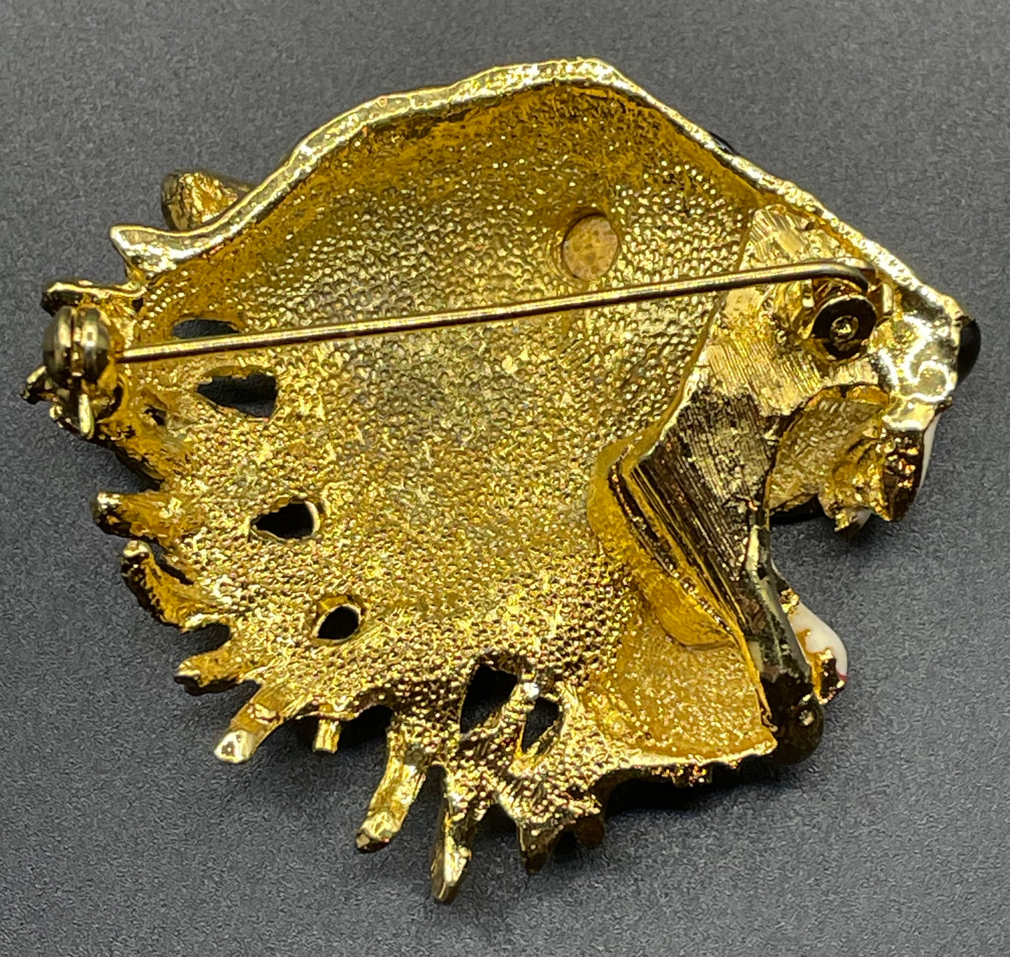 Huge vintage fierce tiger head brooch - red glass cabochon, rhinestone and enamel - in the style of Hattie Carnegie, Gucci, Butler & Wilson