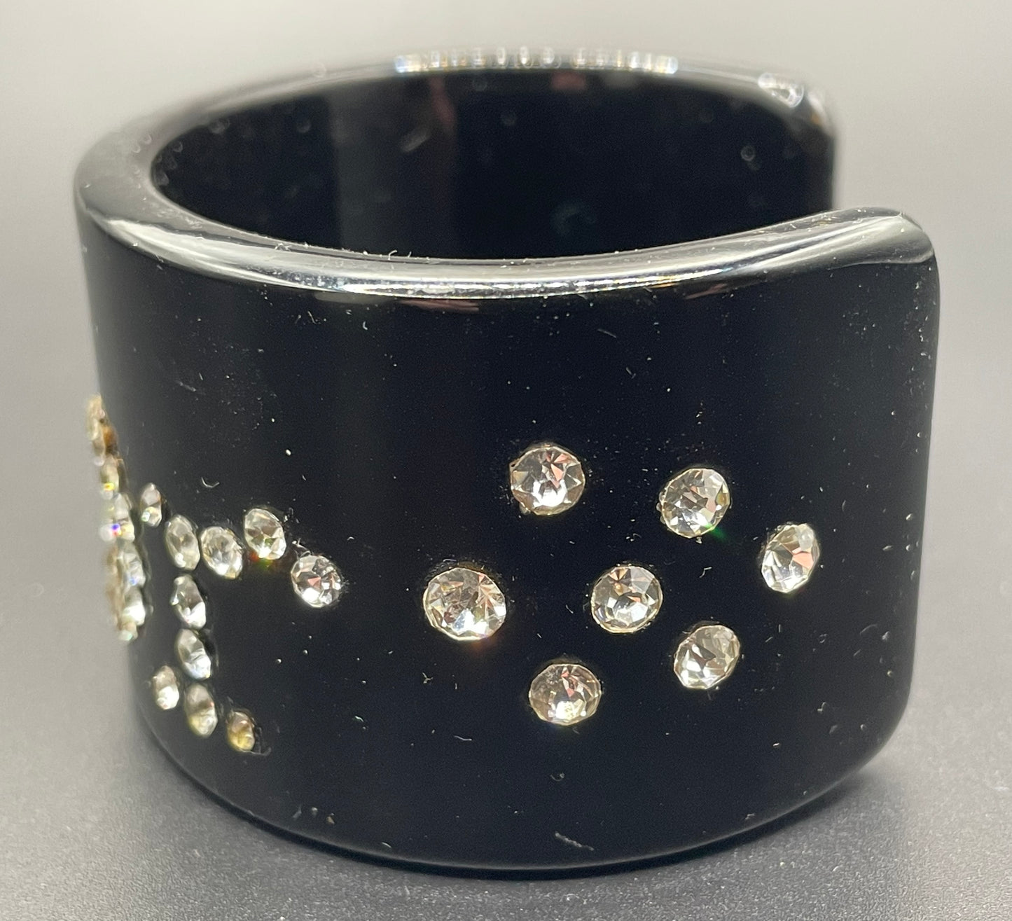Vintage Christian Dior classic black plastic and clear crystal rhinestone logo cuff bangle