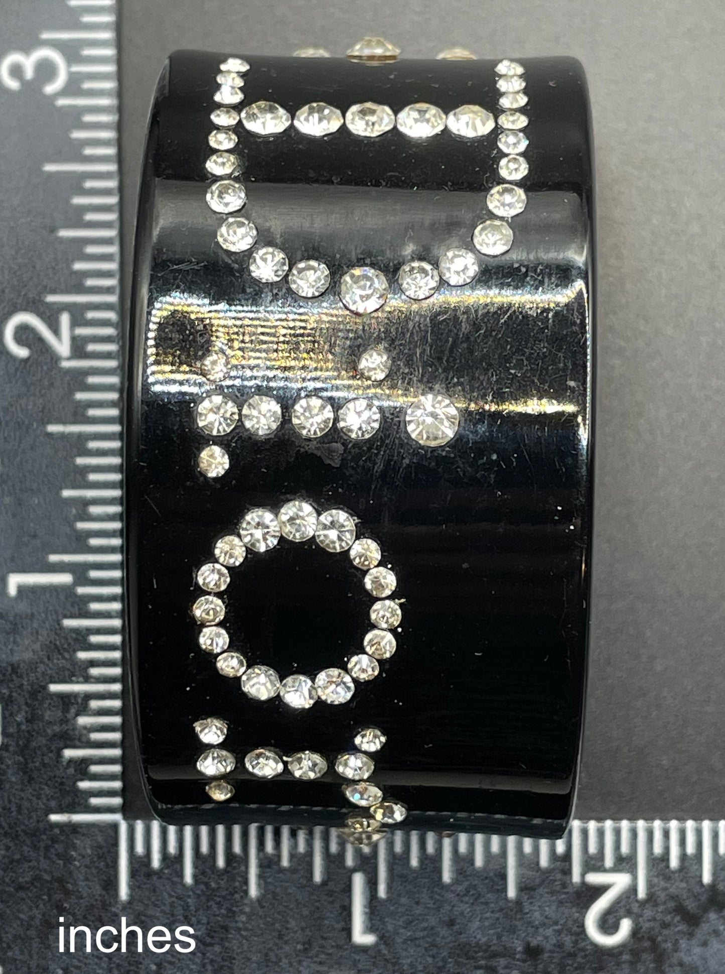 Vintage Christian Dior classic black plastic and clear crystal rhinestone logo cuff bangle