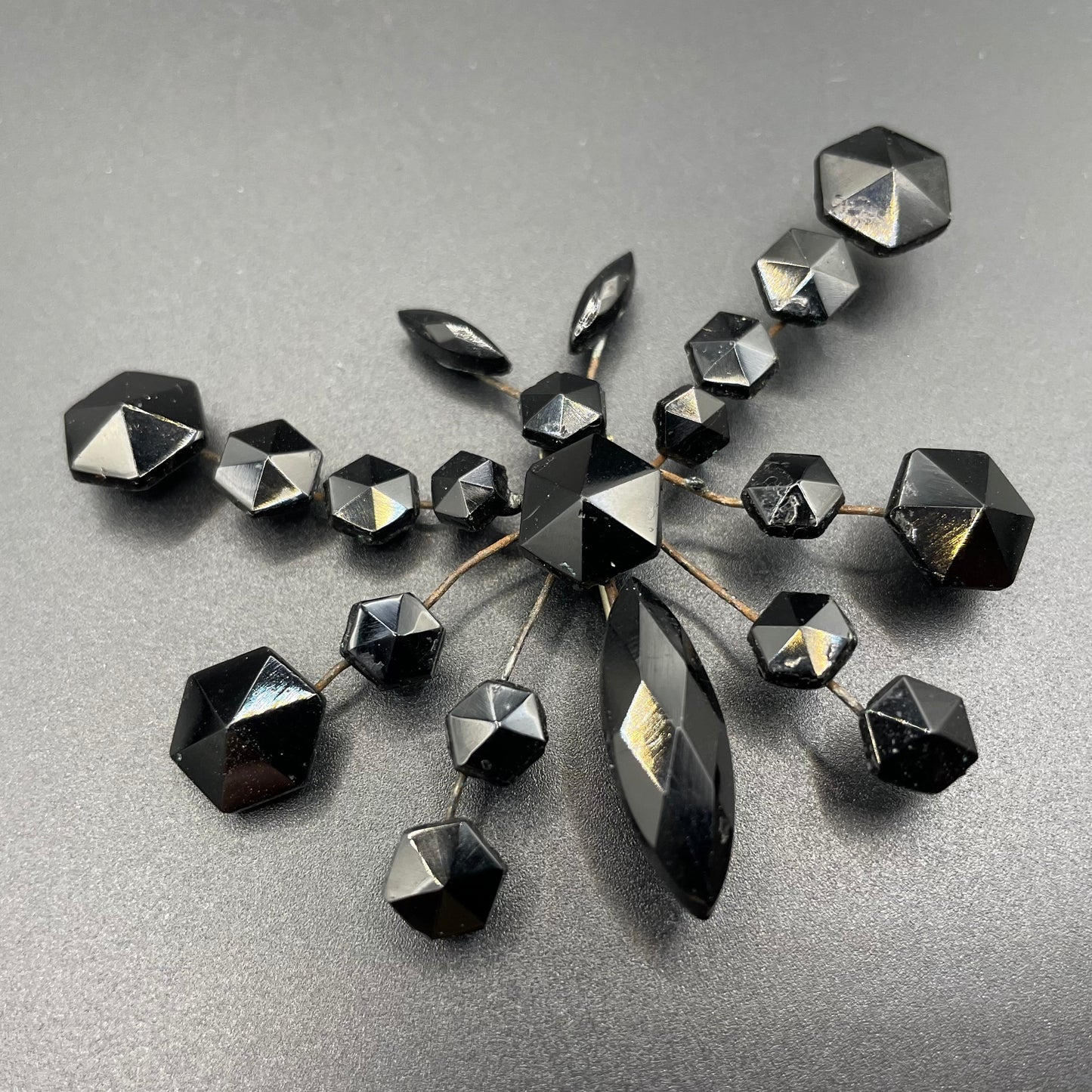 Large antique French jet butterfly brooch - Victorian Vauxhall glass, black faceted glass jet rhinestones