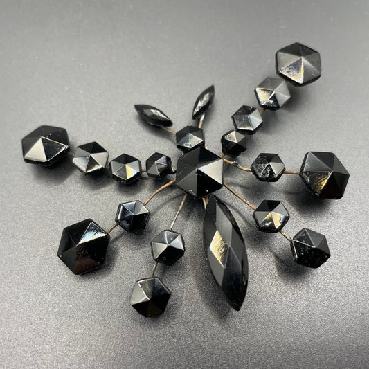 Large antique French jet butterfly brooch - Victorian Vauxhall glass, black faceted glass jet rhinestones