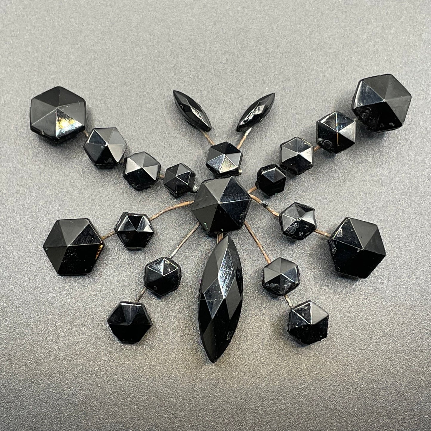 Large antique French jet butterfly brooch - Victorian Vauxhall glass, black faceted glass jet rhinestones