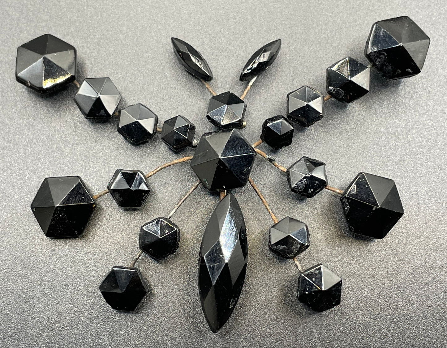 Large antique French jet butterfly brooch - Victorian Vauxhall glass, black faceted glass jet rhinestones