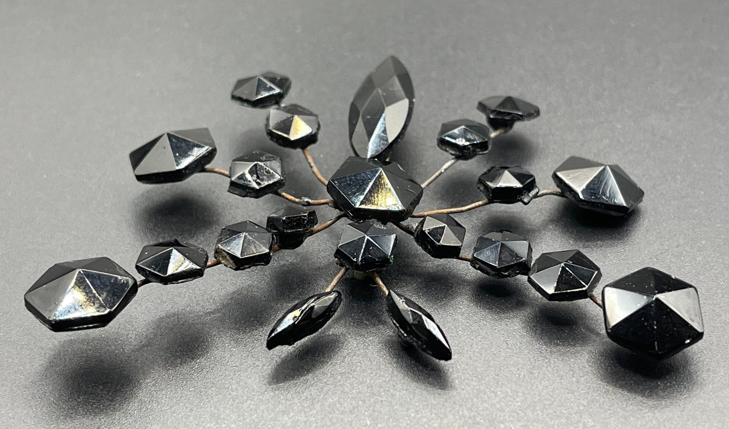 Large antique French jet butterfly brooch - Victorian Vauxhall glass, black faceted glass jet rhinestones