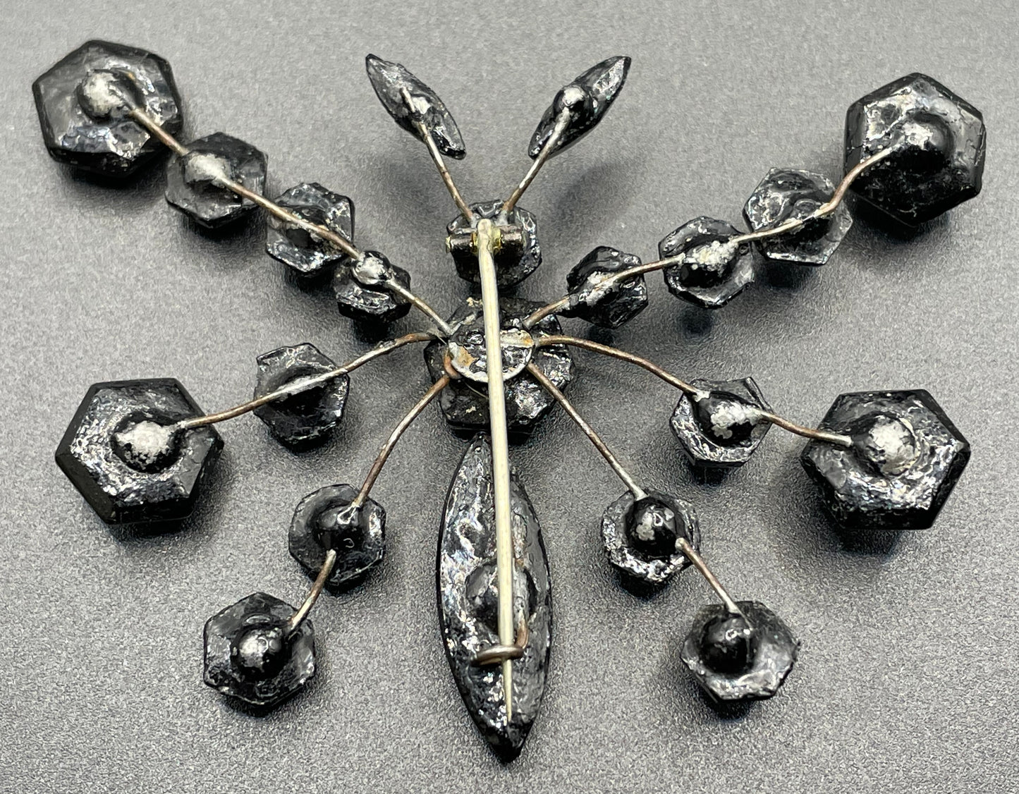 Large antique French jet butterfly brooch - Victorian Vauxhall glass, black faceted glass jet rhinestones