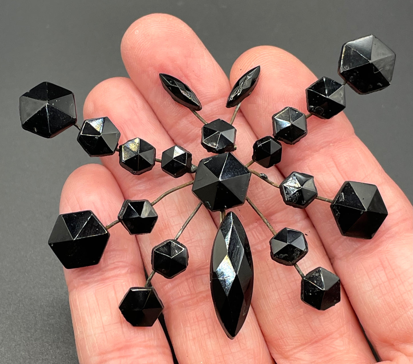 Large antique French jet butterfly brooch - Victorian Vauxhall glass, black faceted glass jet rhinestones