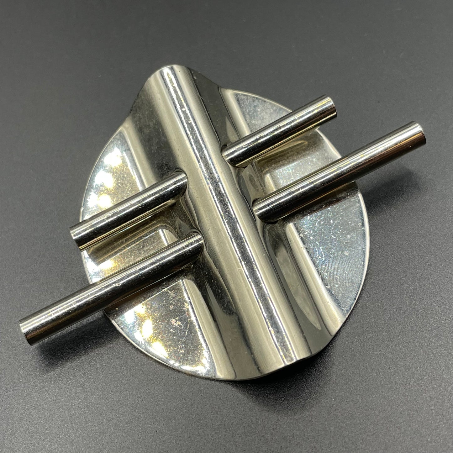 Large vintage Art Deco machine age style silver tone chrome abstract geometric brooch - three-dimensional, architectural design