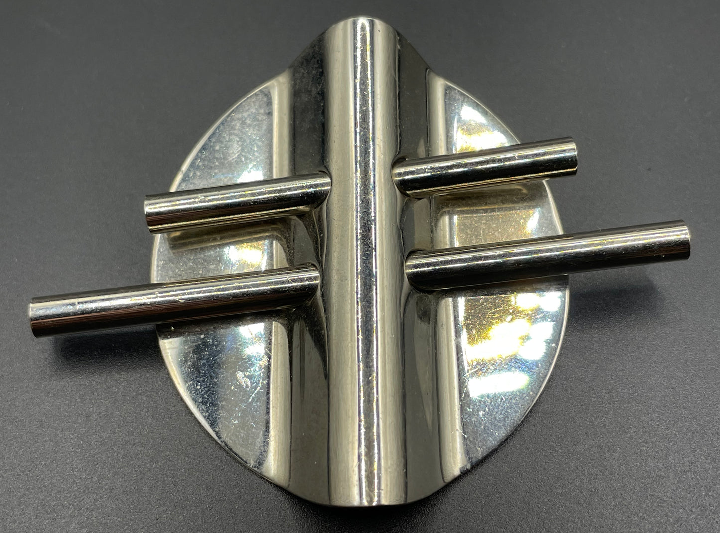 Large vintage Art Deco machine age style silver tone chrome abstract geometric brooch - three-dimensional, architectural design