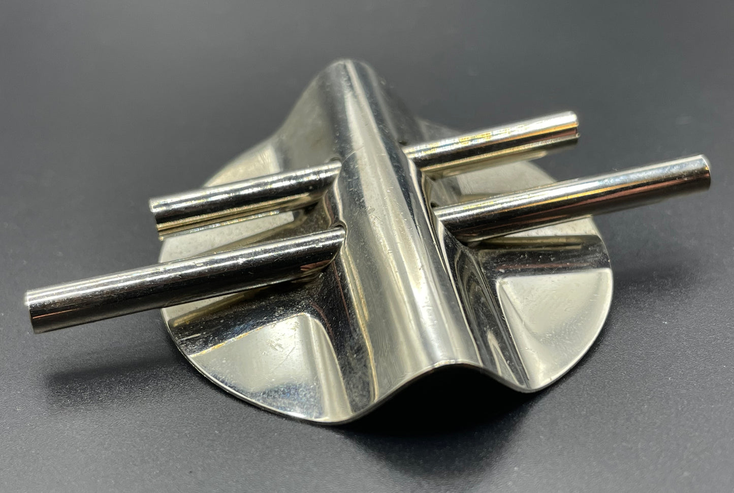 Large vintage Art Deco machine age style silver tone chrome abstract geometric brooch - three-dimensional, architectural design