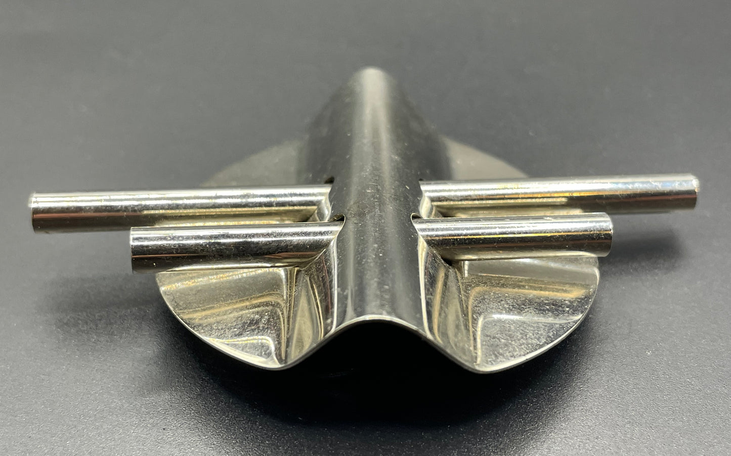 Large vintage Art Deco machine age style silver tone chrome abstract geometric brooch - three-dimensional, architectural design