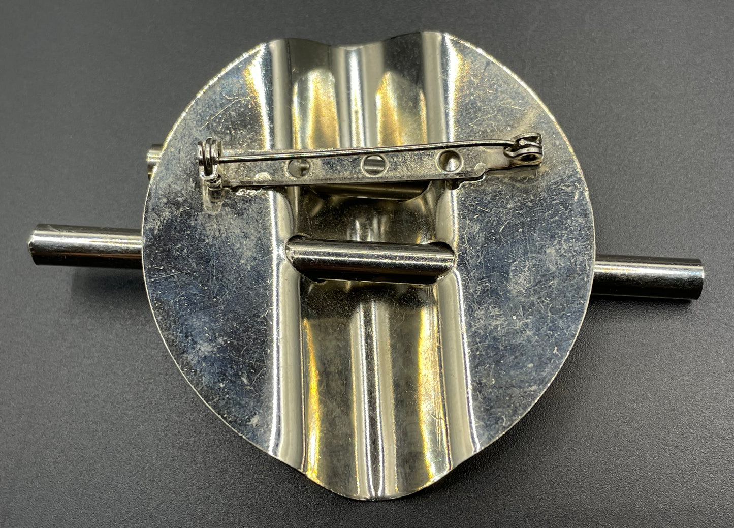 Large vintage Art Deco machine age style silver tone chrome abstract geometric brooch - three-dimensional, architectural design