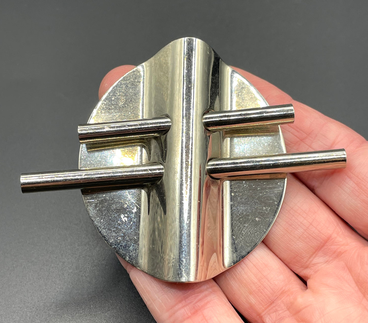 Large vintage Art Deco machine age style silver tone chrome abstract geometric brooch - three-dimensional, architectural design
