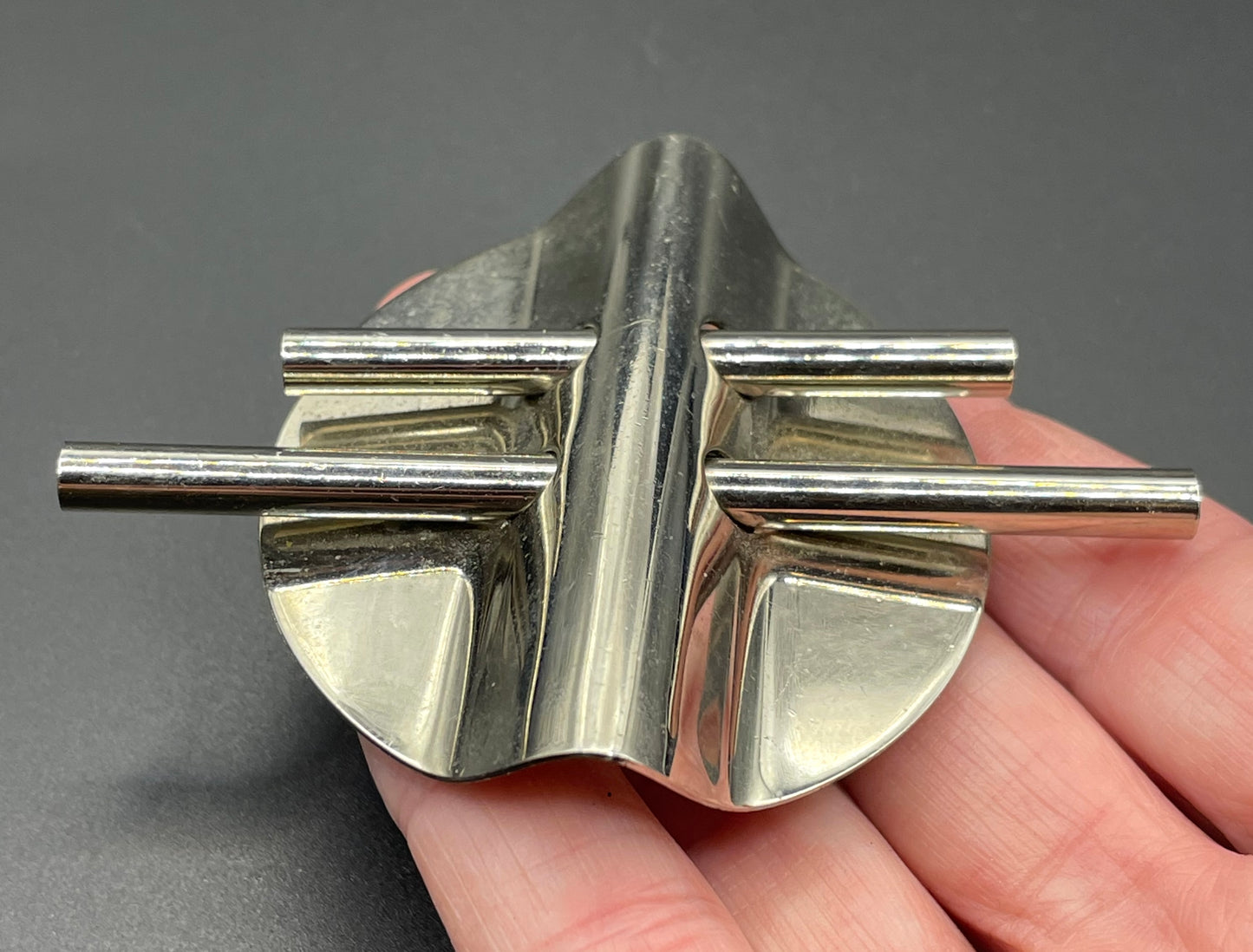 Large vintage Art Deco machine age style silver tone chrome abstract geometric brooch - three-dimensional, architectural design