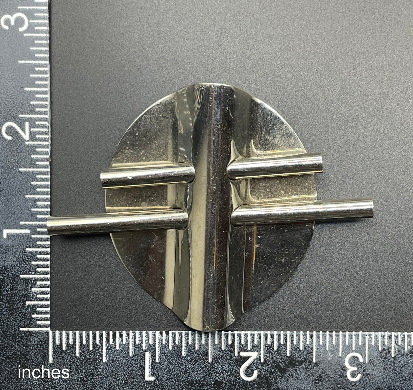 Large vintage Art Deco machine age style silver tone chrome abstract geometric brooch - three-dimensional, architectural design
