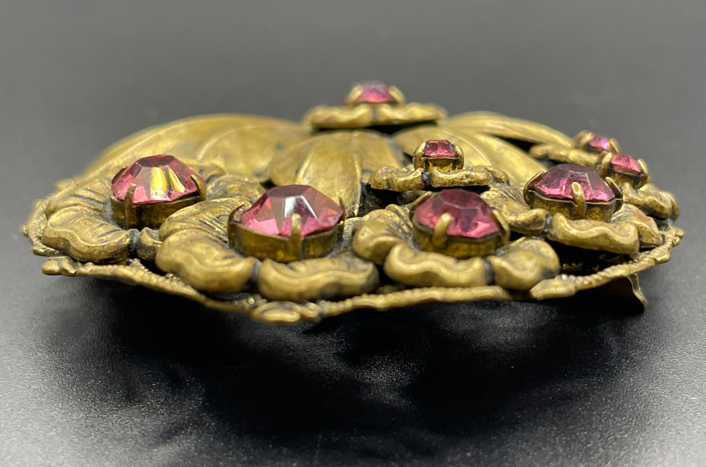 Vintage Art Deco Czech pink rhinestone brooch in a gorgeous gold tone floral and leaf design