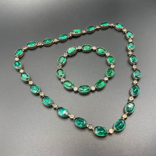 Vintage / antique Art Deco or Edwardian emerald green and clear paste rhinestone silver plated riviere collet set necklace and bracelet set