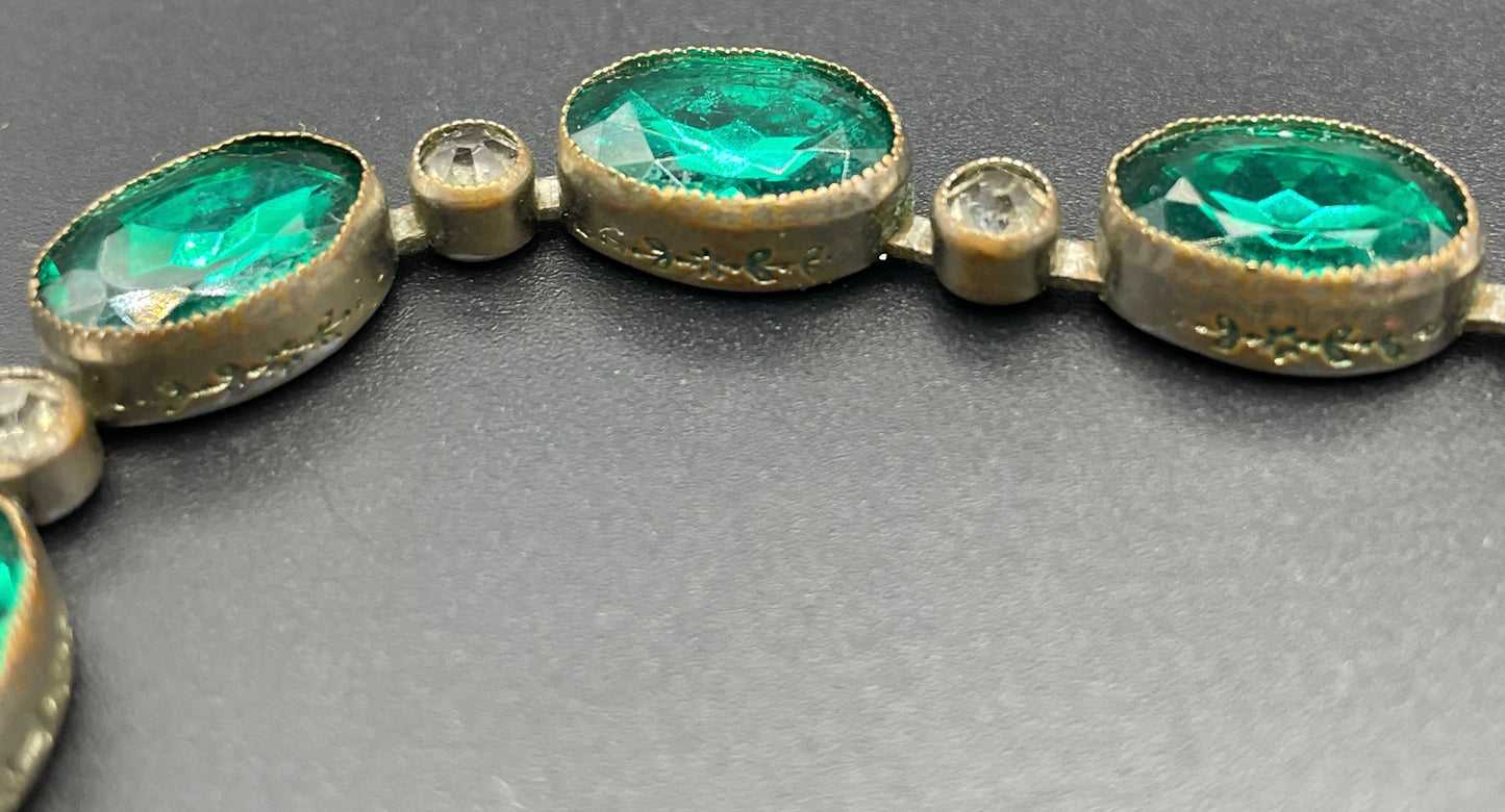 Vintage / antique Art Deco or Edwardian emerald green and clear paste rhinestone silver plated riviere collet set necklace and bracelet set