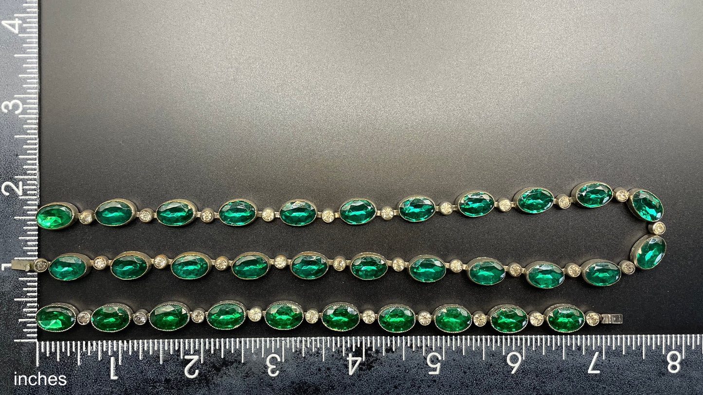 Vintage / antique Art Deco or Edwardian emerald green and clear paste rhinestone silver plated riviere collet set necklace and bracelet set