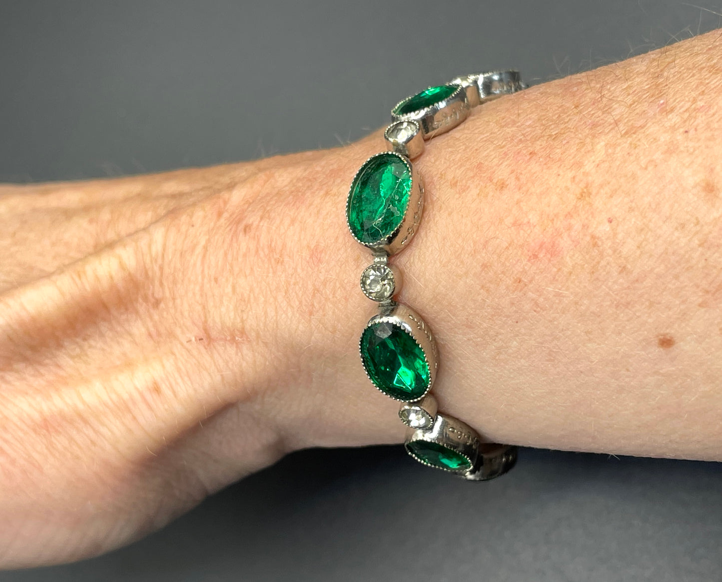 Vintage / antique Art Deco or Edwardian emerald green and clear paste rhinestone silver plated riviere collet set necklace and bracelet set