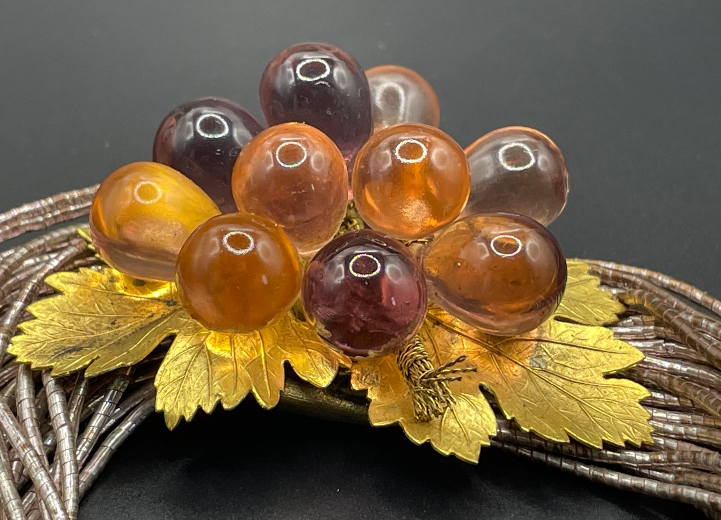 Vintage French Art Deco poured glass bead, gold tone and foiled wrapped multi-thread, possibly Louis Rousselet