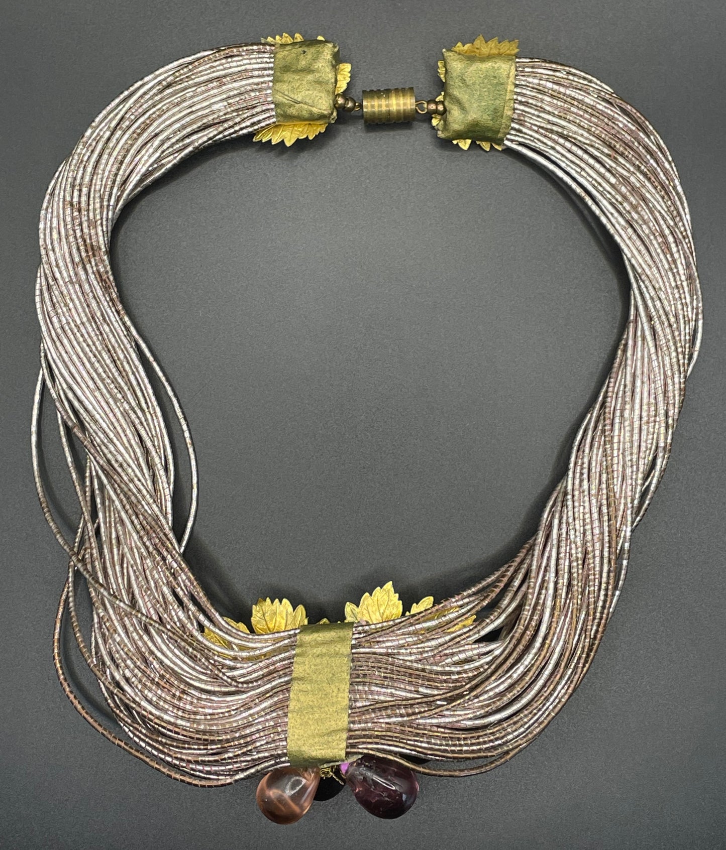 Vintage French Art Deco poured glass bead, gold tone and foiled wrapped multi-thread, possibly Louis Rousselet