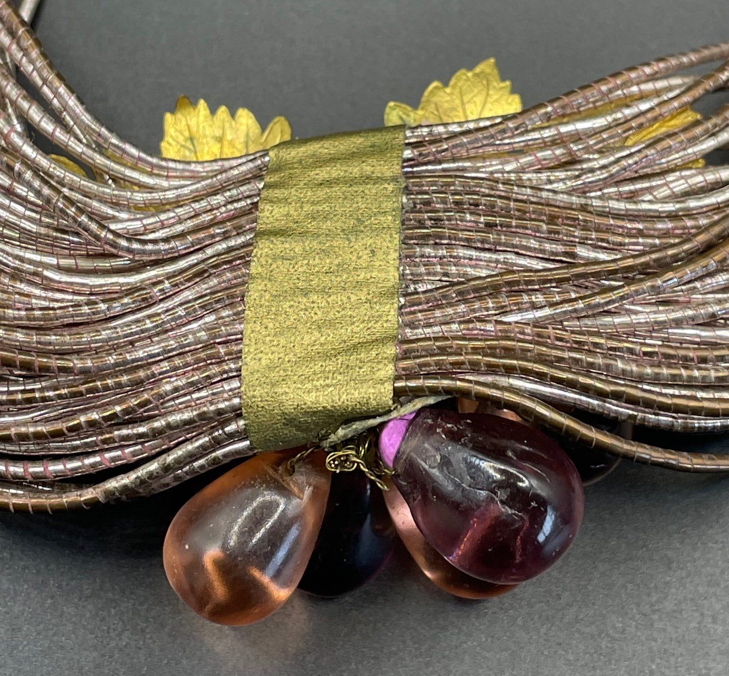 Vintage French Art Deco poured glass bead, gold tone and foiled wrapped multi-thread, possibly Louis Rousselet