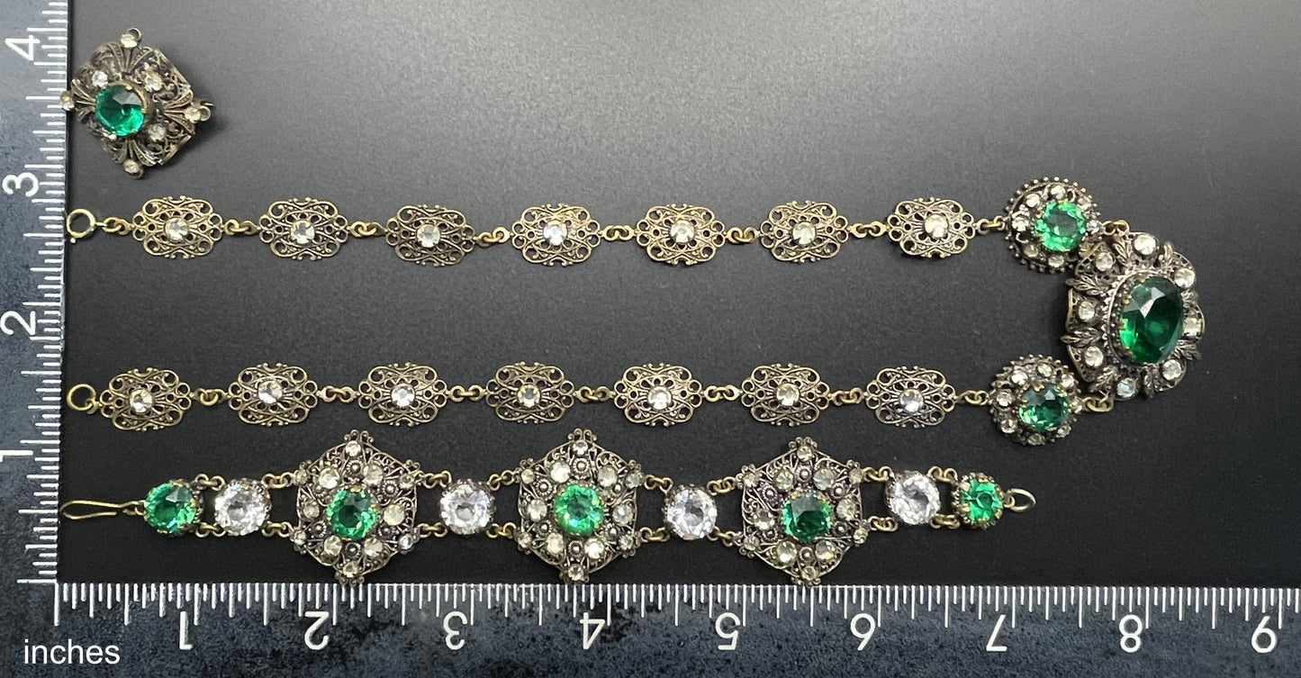 Vintage Art Deco Czech emerald green and clear glass rhinestone and gold tone filigree necklace, bracelet and brooch set, possibly Neiger