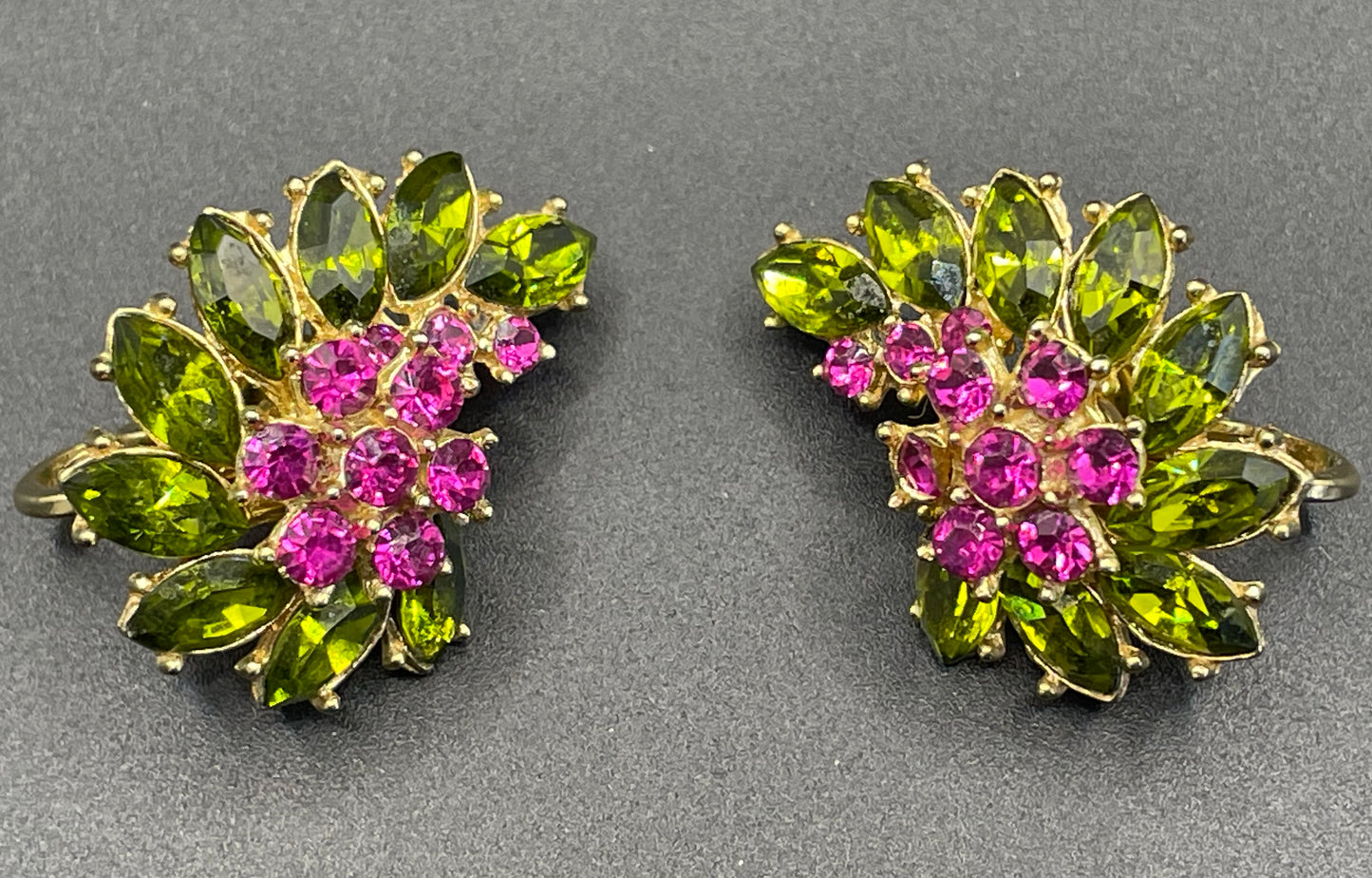 Vintage signed Trifari pink and green rhinestone brooch and clip on earrings set, early 1960s, probably the 'Contessa' collection