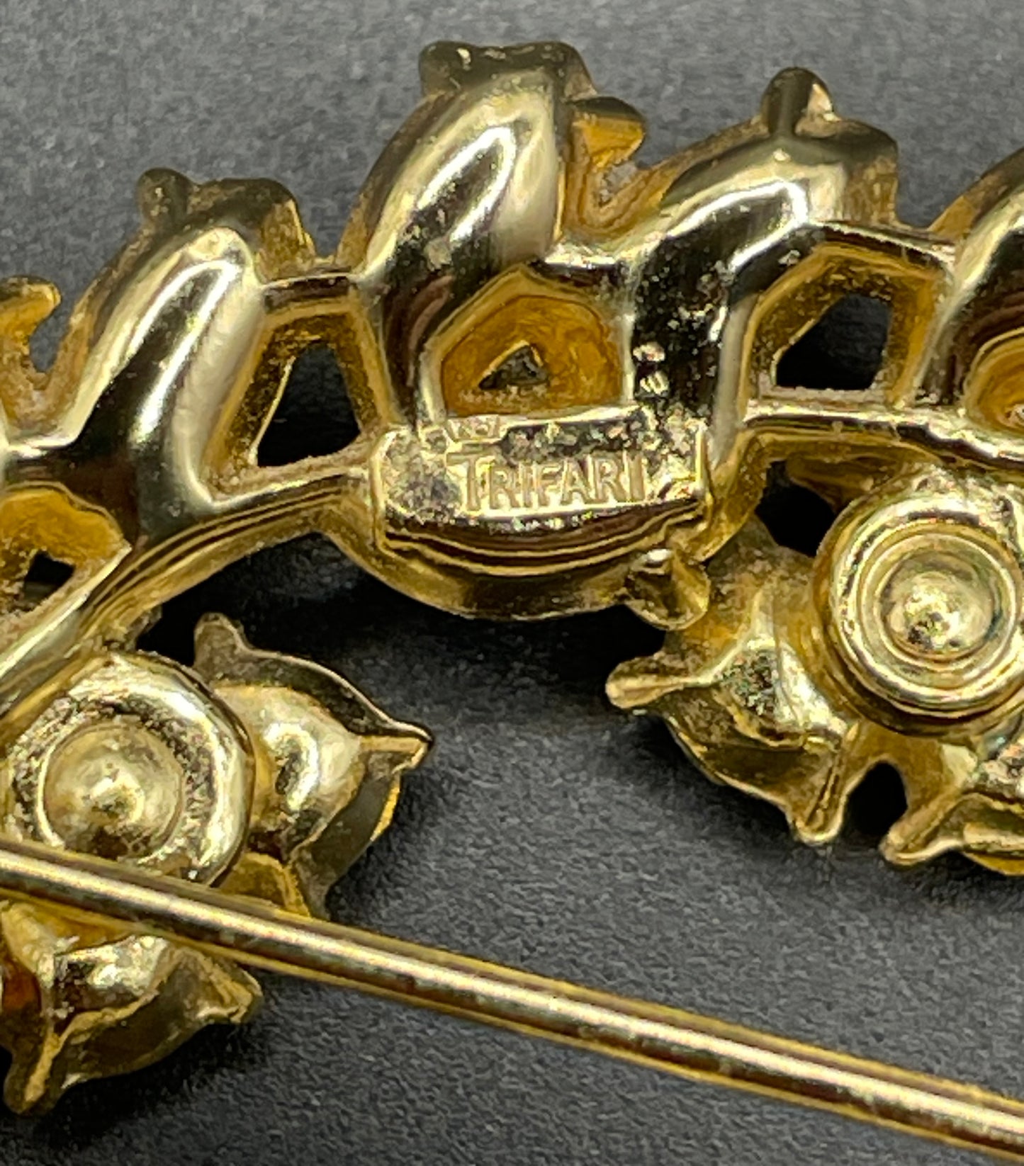 Vintage signed Trifari pink and green rhinestone brooch and clip on earrings set, early 1960s, probably the 'Contessa' collection