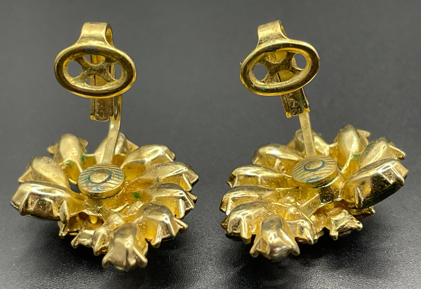 Vintage signed Trifari pink and green rhinestone brooch and clip on earrings set, early 1960s, probably the 'Contessa' collection