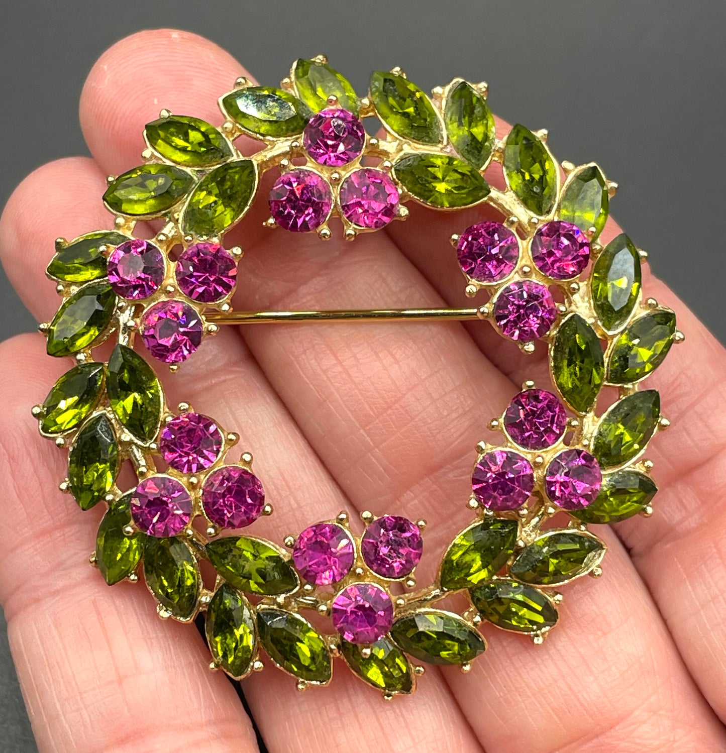 Vintage signed Trifari pink and green rhinestone brooch and clip on earrings set, early 1960s, probably the 'Contessa' collection