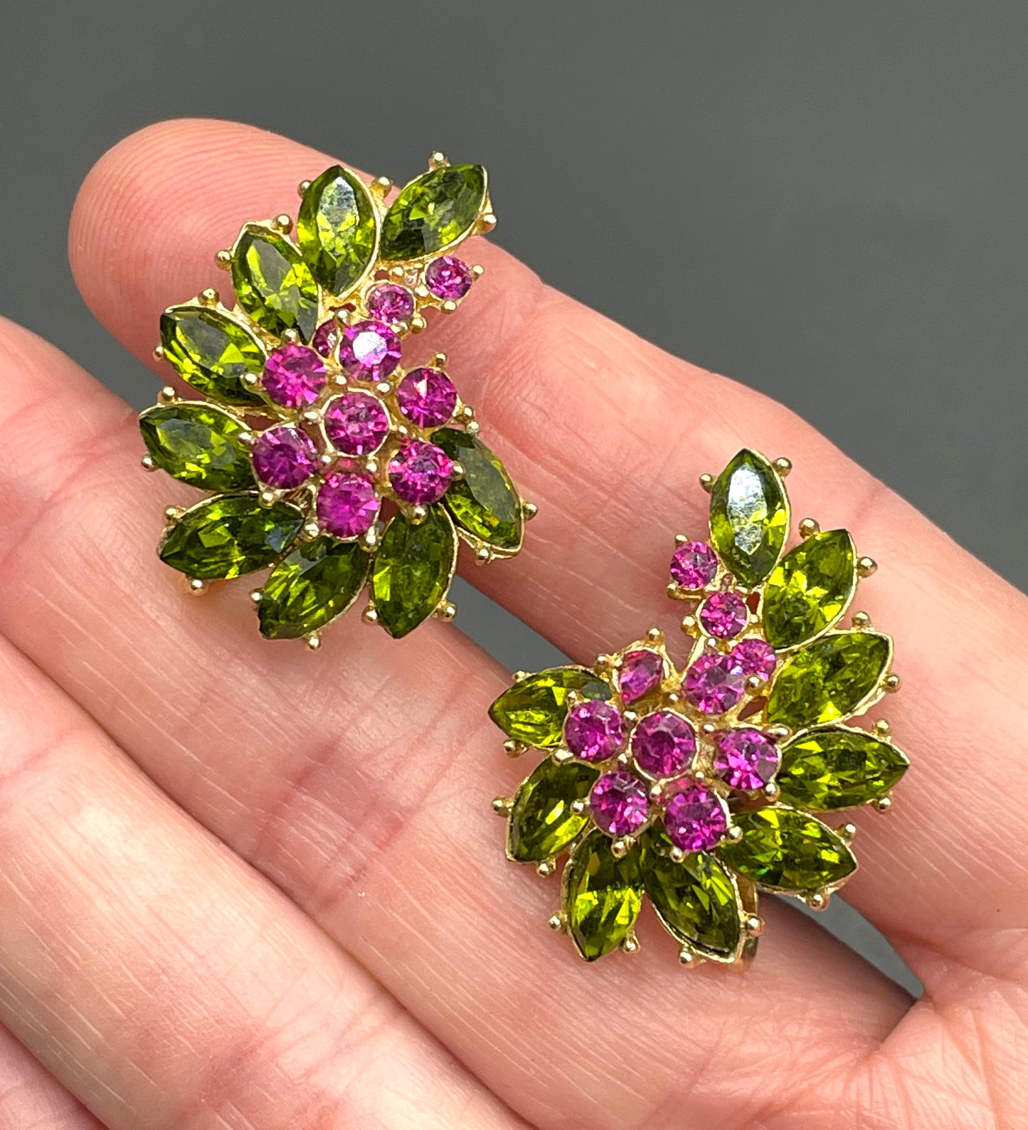 Vintage signed Trifari pink and green rhinestone brooch and clip on earrings set, early 1960s, probably the 'Contessa' collection