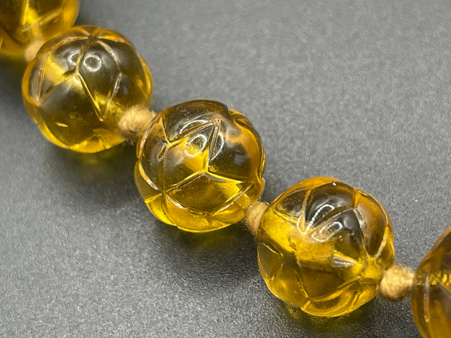 Vintage moulded pressed glass citrine yellow / orange graduated bead flapper necklace mid to longer length