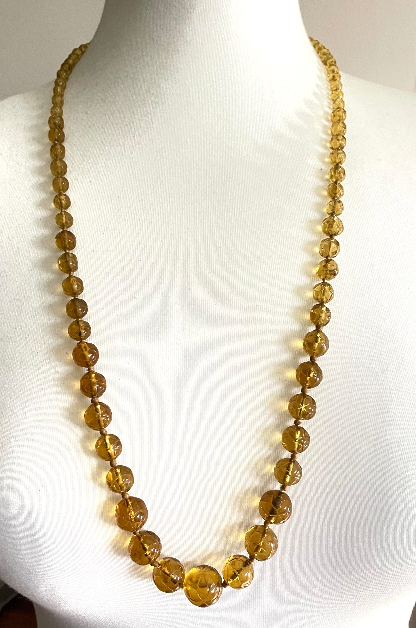 Vintage moulded pressed glass citrine yellow / orange graduated bead flapper necklace mid to longer length
