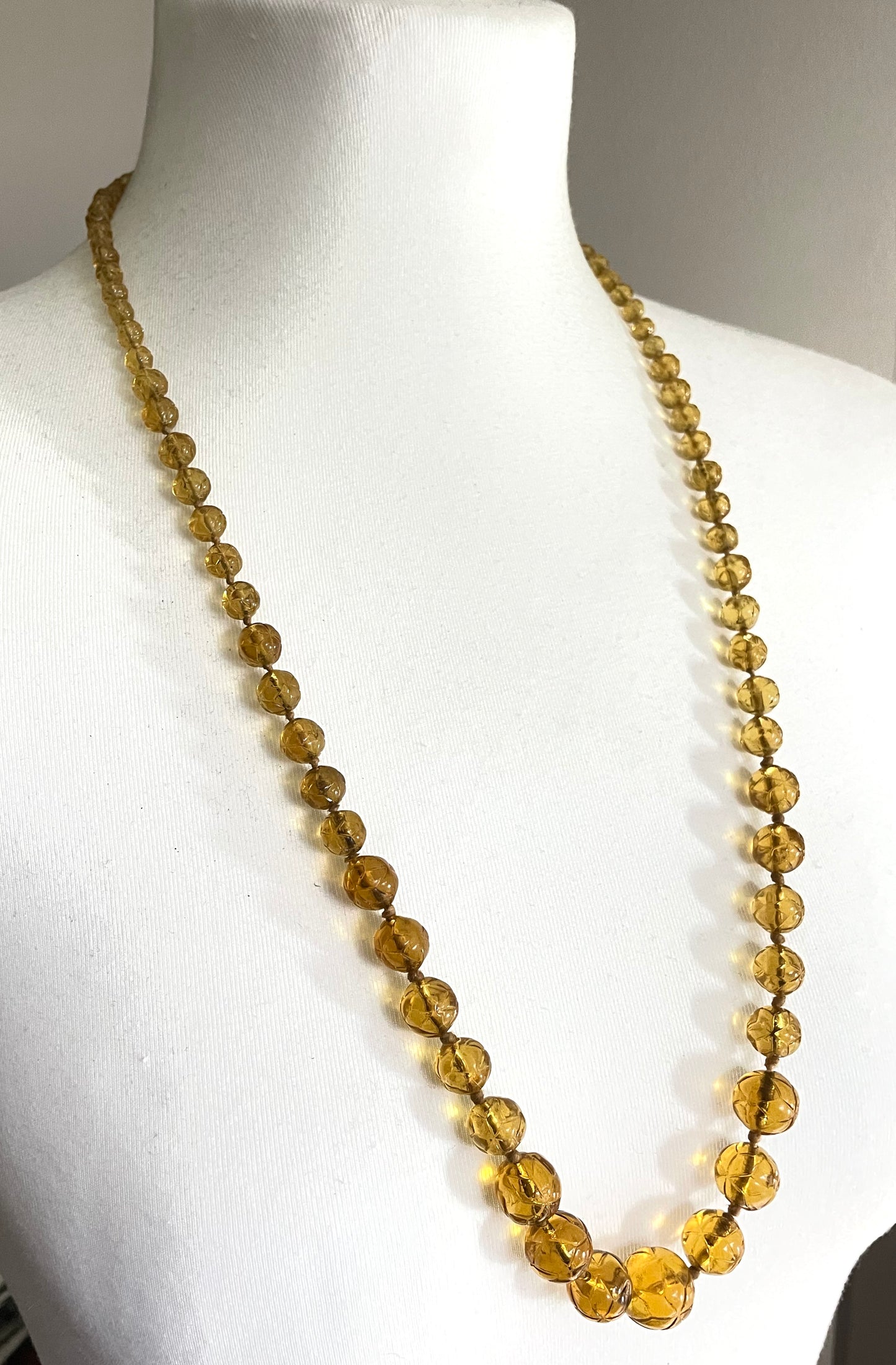 Vintage moulded pressed glass citrine yellow / orange graduated bead flapper necklace mid to longer length