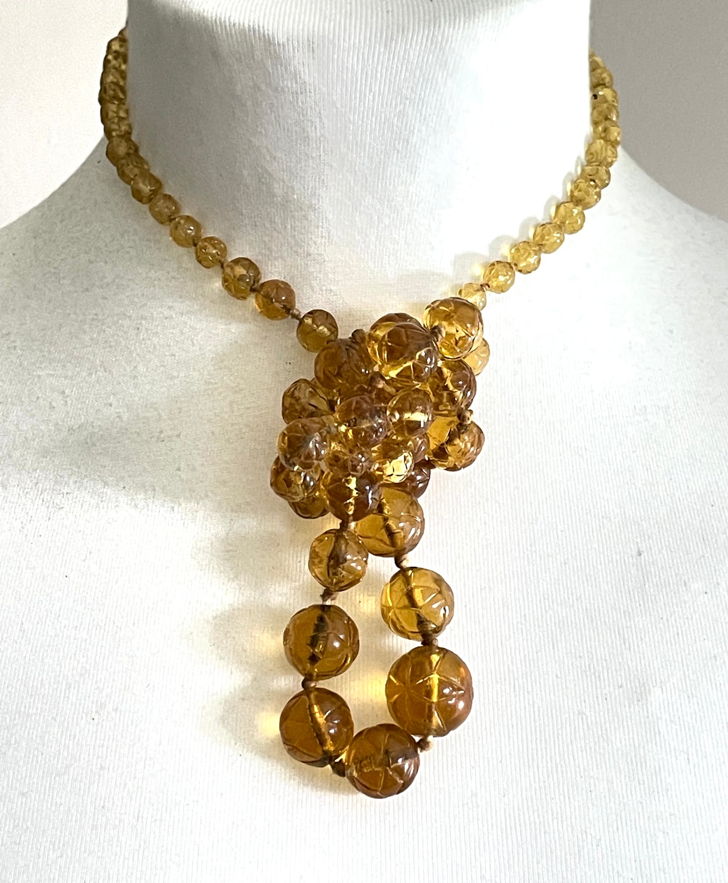 Vintage moulded pressed glass citrine yellow / orange graduated bead flapper necklace mid to longer length