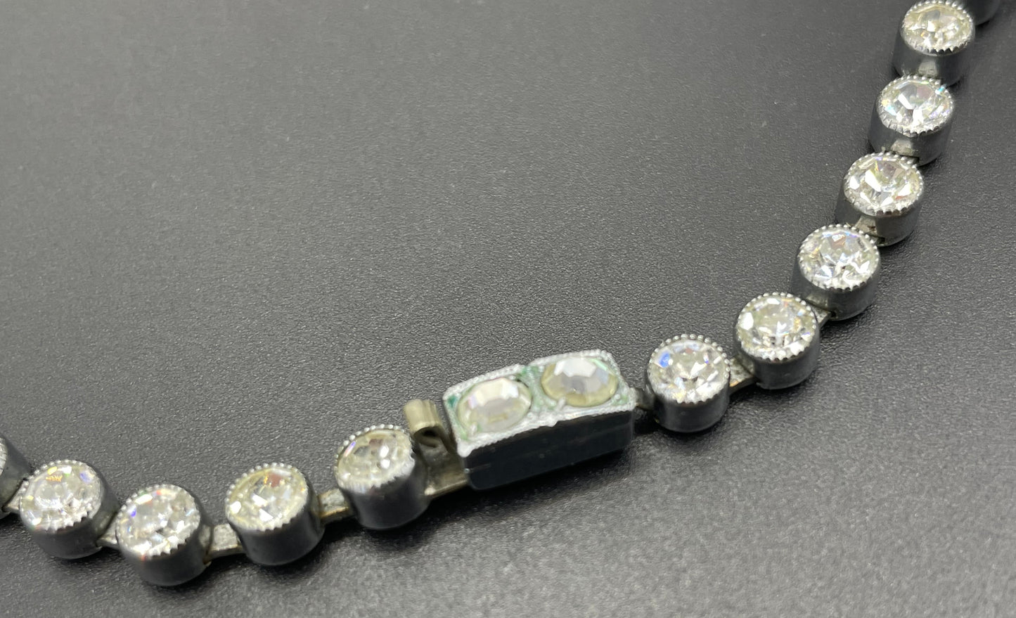 Vintage Art Deco clear paste crystal silver tone riviere fringe necklace with collet set rhinestones