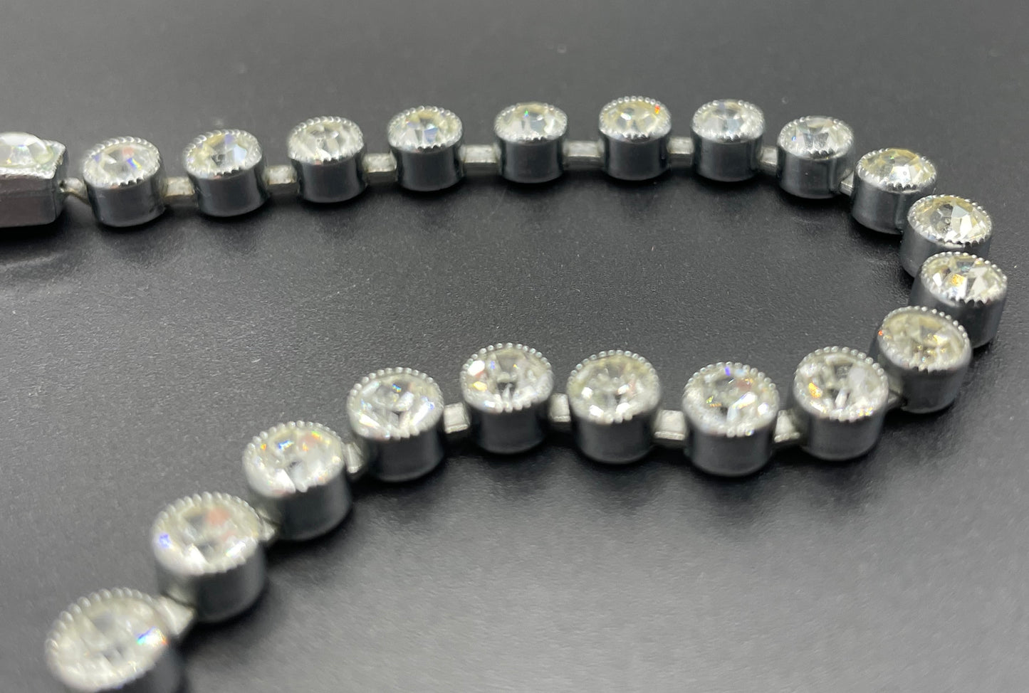 Vintage Art Deco clear paste crystal silver tone riviere fringe necklace with collet set rhinestones