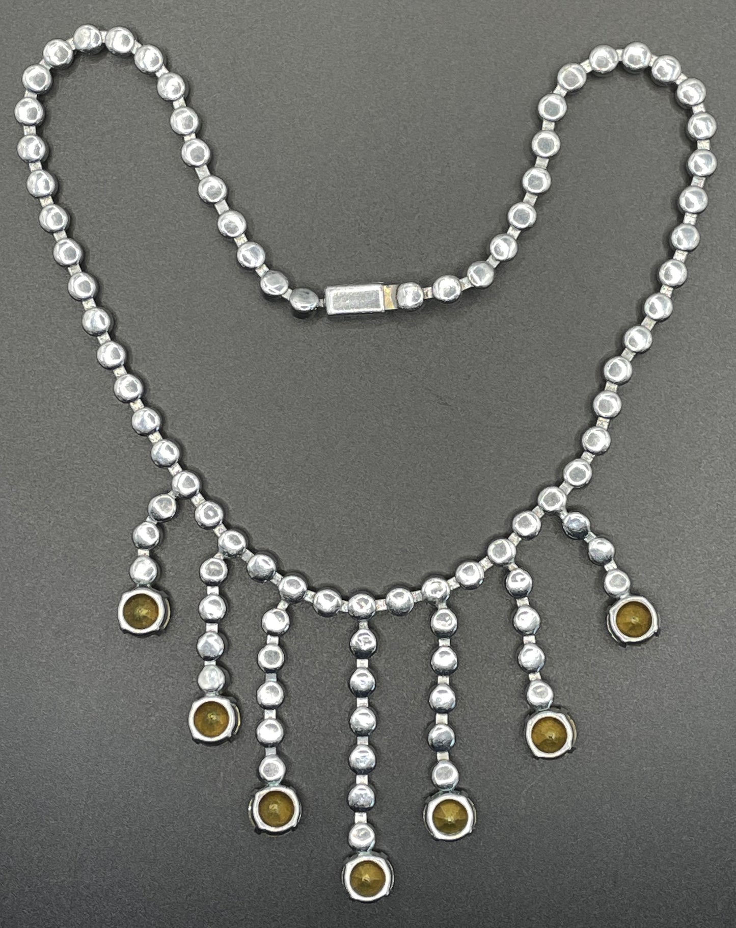 Vintage Art Deco clear paste crystal silver tone riviere fringe necklace with collet set rhinestones