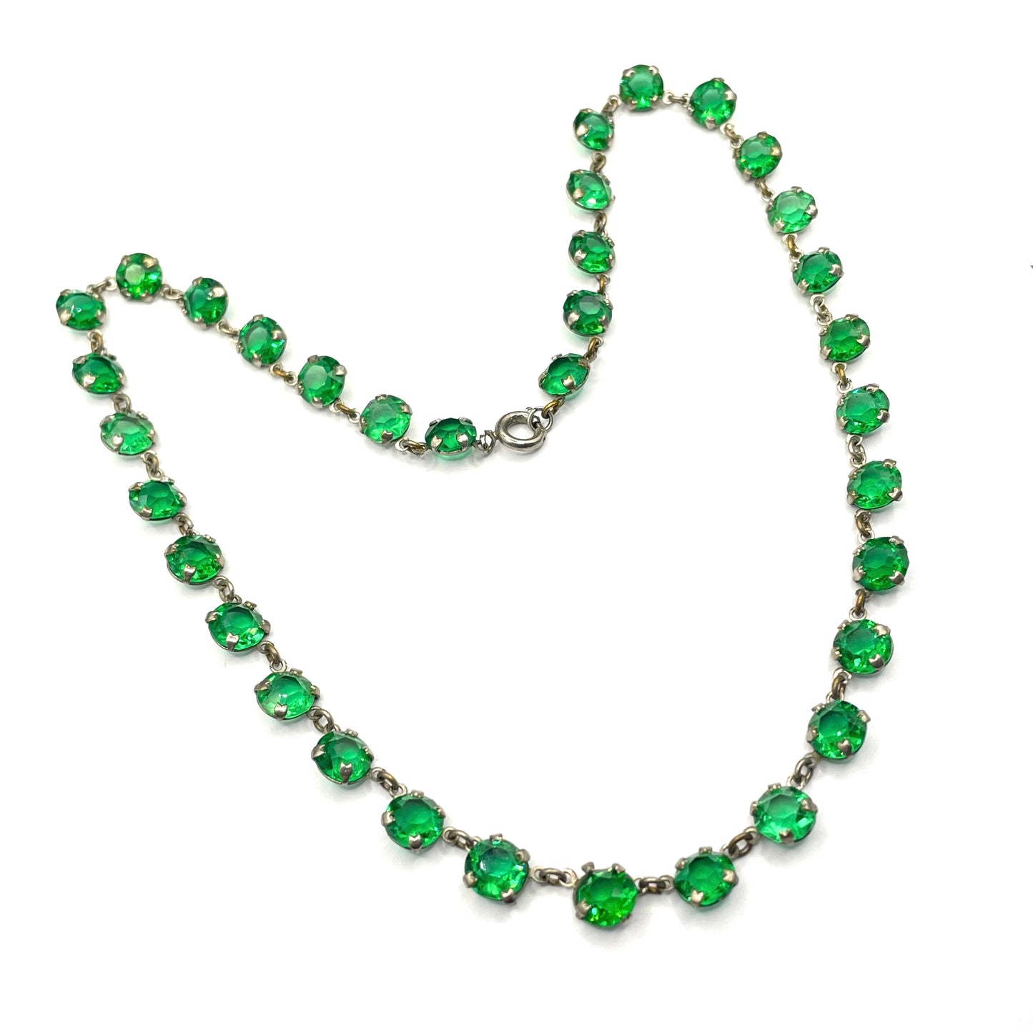 Vintage Art Deco bezel set gorgeous emerald green crystal riviere necklace with bezel set, open-backed stones