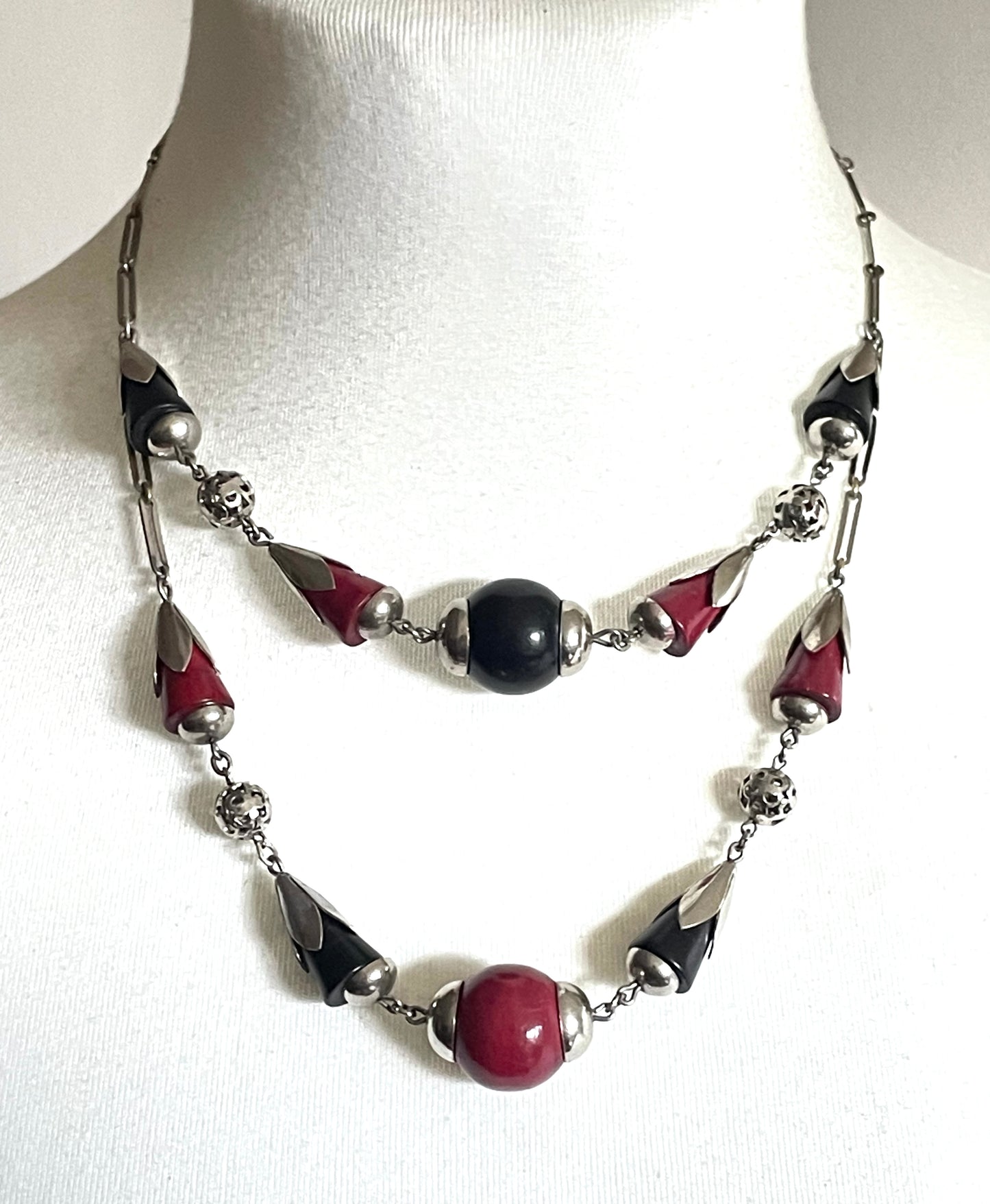 Vintage Jakob Bengel Art Deco machine age silver tone / chrome with deep cherry red and black galalith bead geometric double strand necklace